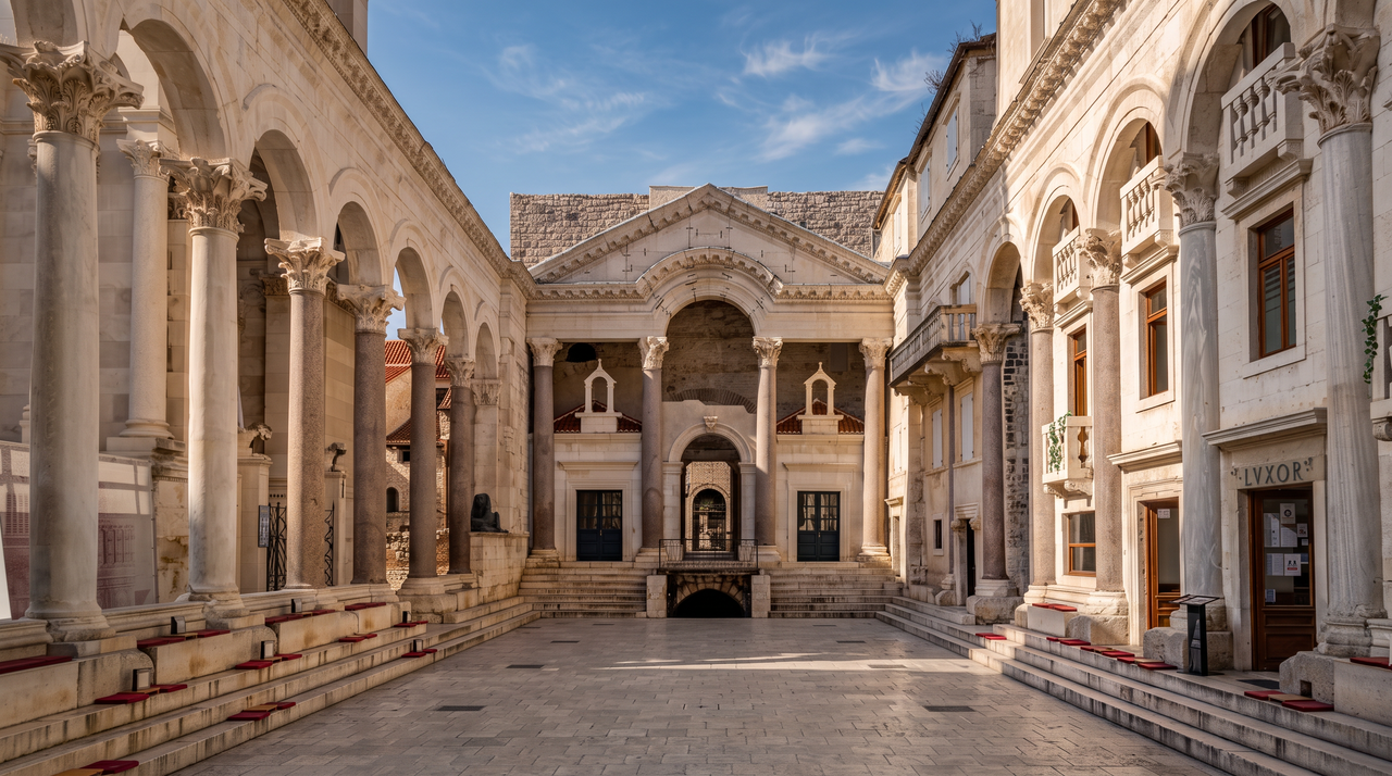 The peristyle of Diocletian's Palace in Split: a colonnade of marble columns down one side of a paved courtyard, with the cathedral portico and belfry at the far end.