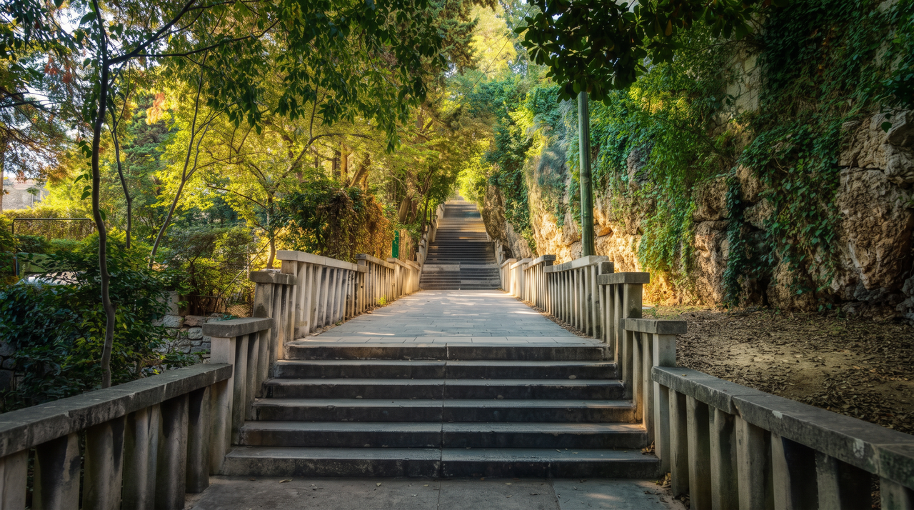 A stone stairway climbing Marjan hill in Split, balustraded on both sides and shaded by pines, with a wall of ivy and dry stone to one side.