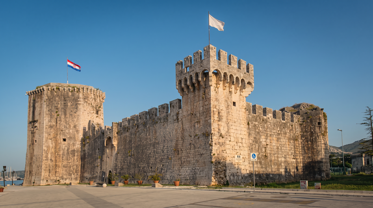 Kamerlengo Fortress at Trogir: a battlemented stone castle with a round tower and a square keep, flags flying, the harbour just visible to one side.