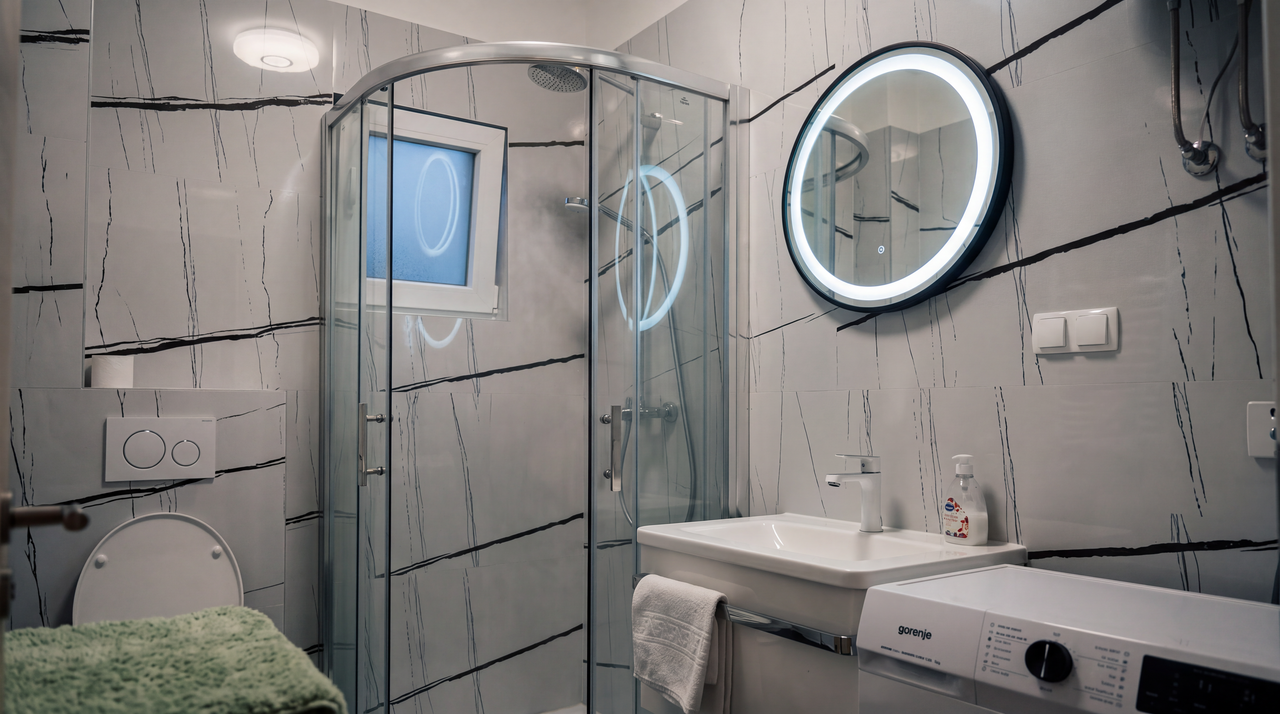 The bathroom: a quadrant shower enclosure against veined marble tile, a round backlit mirror over the basin, and a washing machine with a folded towel beside it.