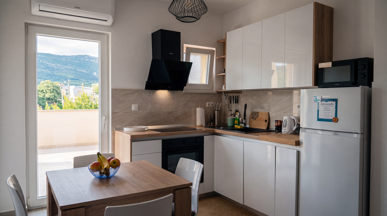The kitchen: white gloss units and a timber worktop with an induction hob and angled extractor, a fridge and microwave to one side, and a dining table by a glazed door onto the terrace with hills beyond.